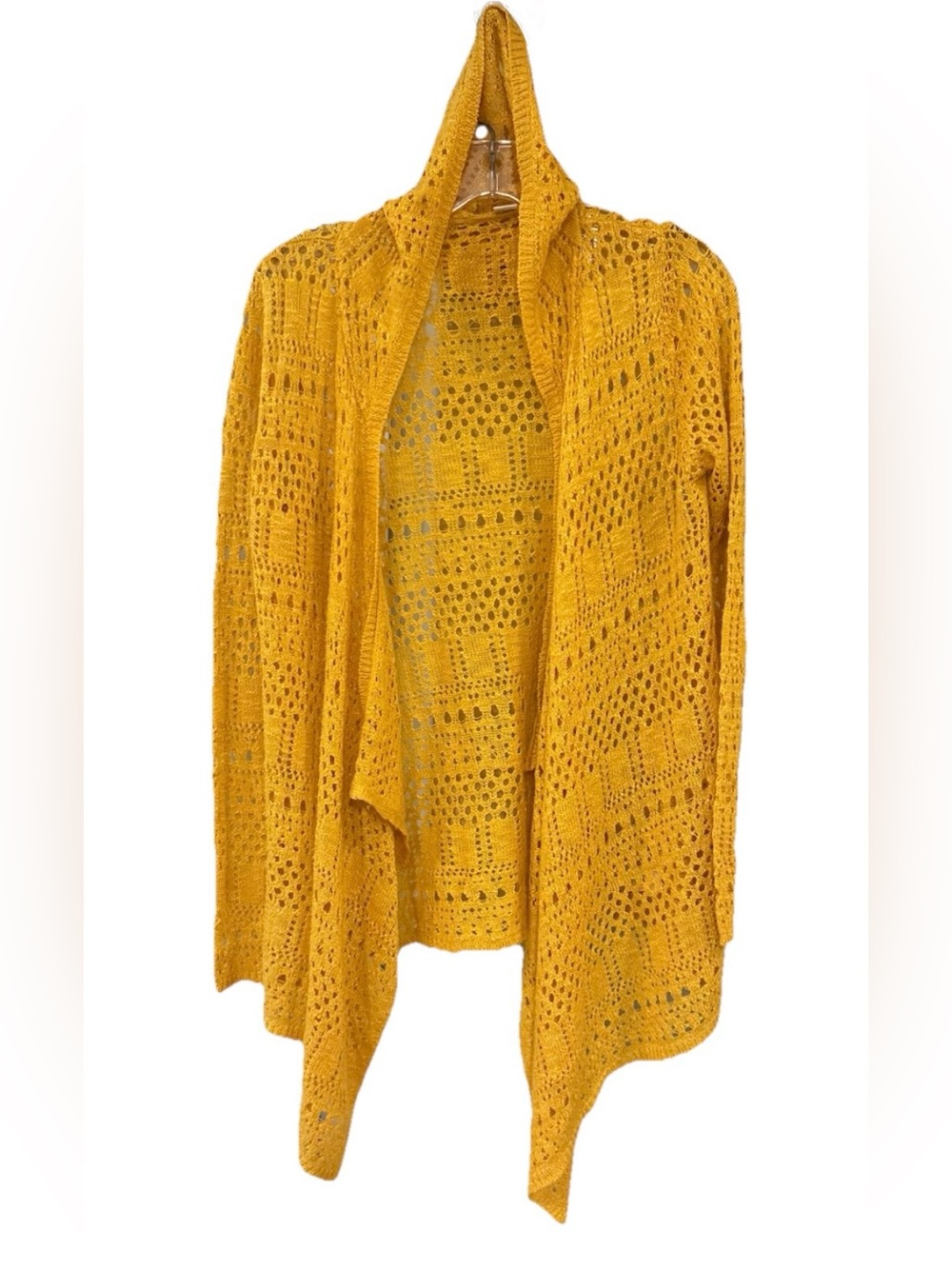 Golden Mustard Open Knit Cardigan Boho Draped Lightweight Sweater - Picture 2 of 7